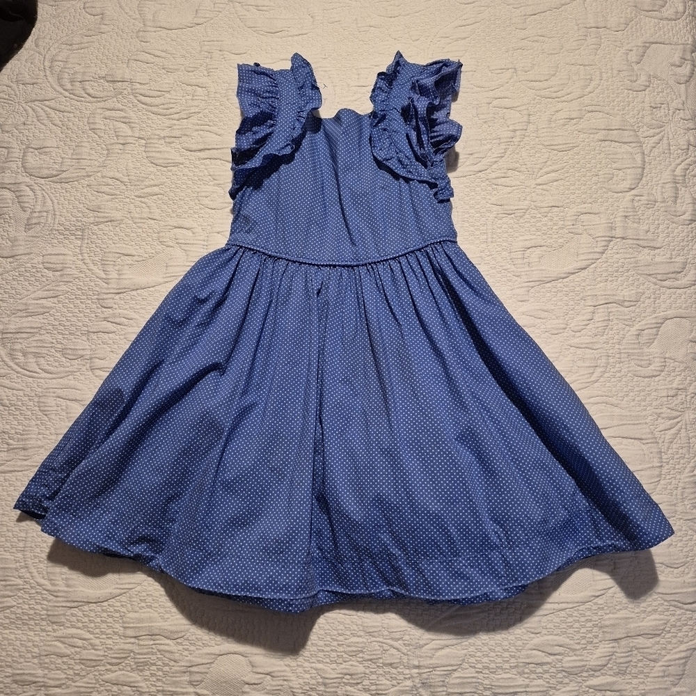Janie and Jack girls size 3 blue sleeveless dress with white polka dots VGUC